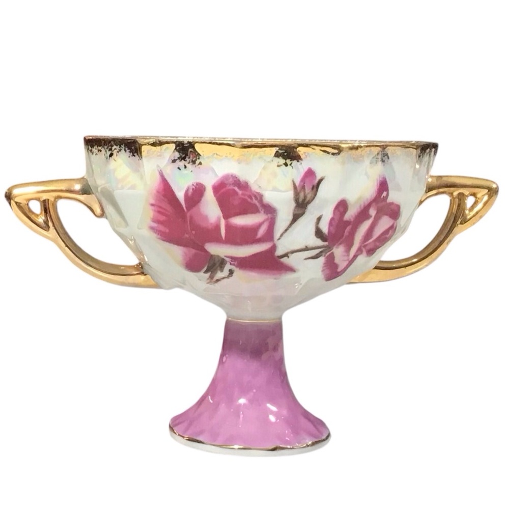 Vintage Royal Sealy Rose Pedestal Cup Double Handle Lusterware Gold Accents